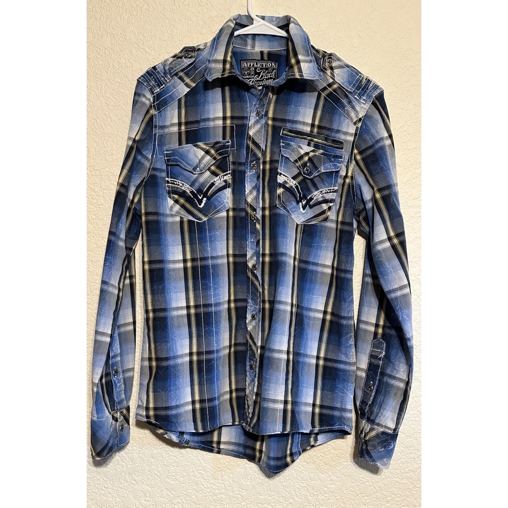 Affliction Black Premium Mens Small Blue Plaid Embroidered Button Down Shirt